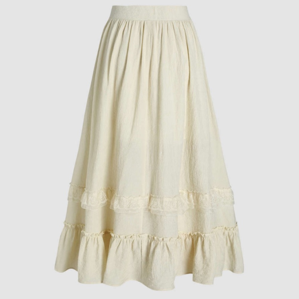 Solid Ruffled Lace Trim Tiered Maxi Skirt NWT